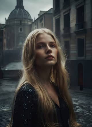 in a black dress standing in front of a church