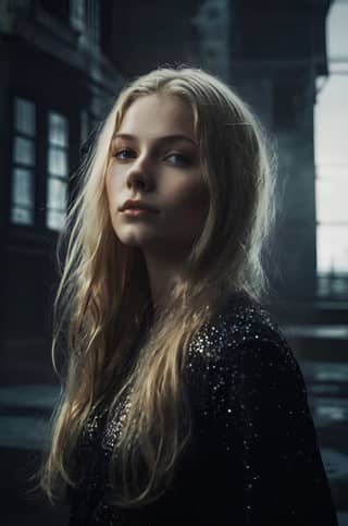blonde woman in a black dress standing in front of a building