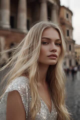 a blonde woman in a sequin dress