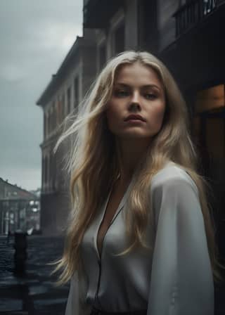 blonde woman standing in the middle of a city street