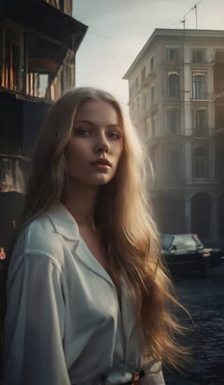 blonde woman in a white shirt standing in the middle of a city street