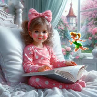 a little girl in pink pajamas reading a book