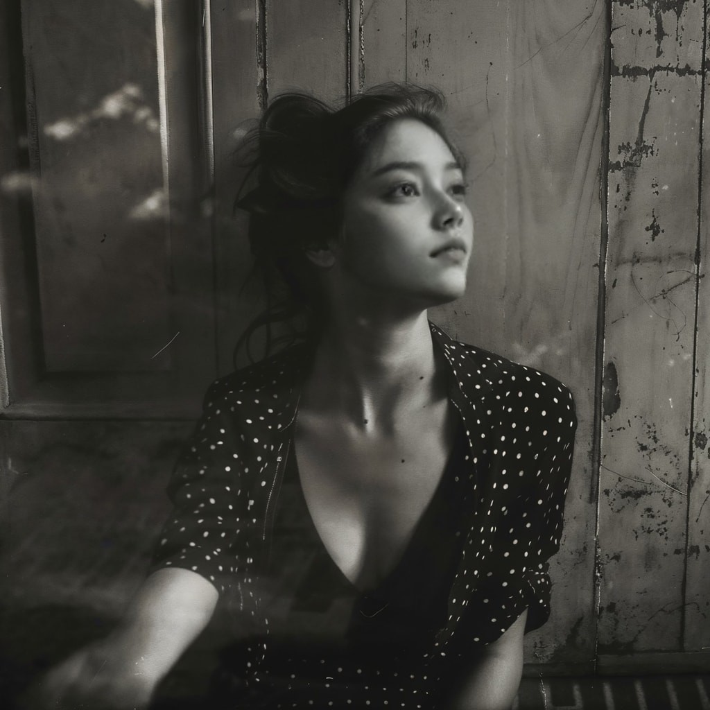 in a polka dot dress sitting on a chair