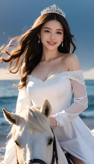in a white dress riding a horse