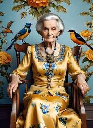 an elderly woman in a floral dress sits on a chair with birds on her lap