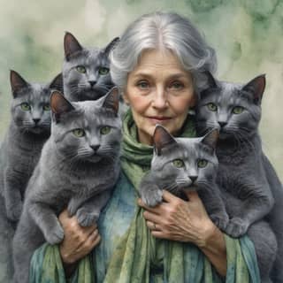 an older woman holding five cats