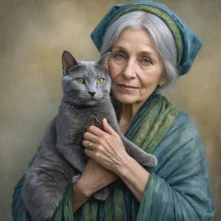 an older woman holding a gray cat