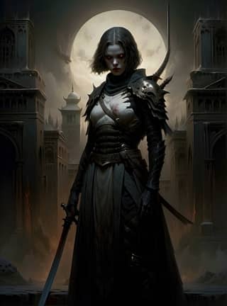 in black armor with a sword standing in front of a castle