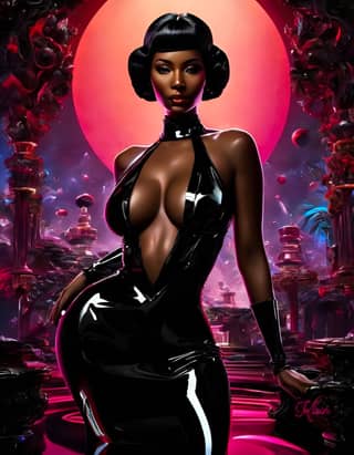 a black woman in a latex dress with a red moon