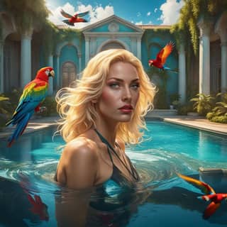 blonde woman in a pool surrounded by parrots