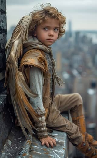 boy with wings sitting on a ledge