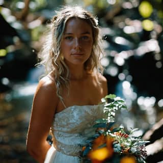 bride in a white dress standing in a stream