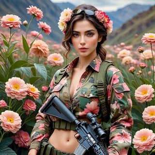 in camouflage holding an ak47 in a field of flowers