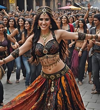 Una persona está bailando en un traje colorido en medio de una multitud.