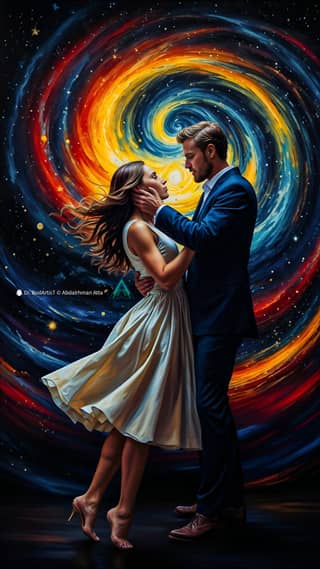 a couple dancing in front of a spiral galaxy