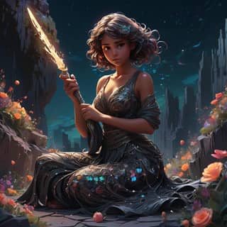 in a dress holding a sword in the middle of flowers