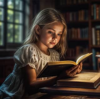 Una ragazza sta leggendo un libro in una biblioteca.