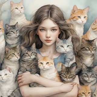 a girl surrounded by cats in a painting