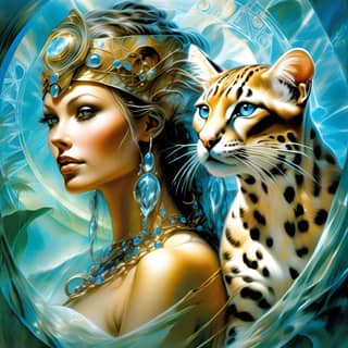 with a leopard and a blue background