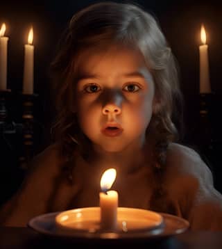 a little girl is looking at a candle in front of a table