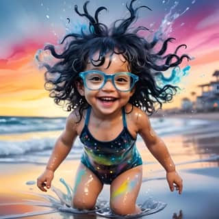 Una niña en traje de baño y gafas está en la playa.