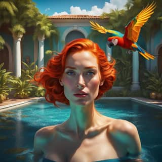 with red hair and a parrot in the pool