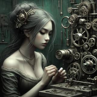 Trong một thế giới steampunk, một người đang làm việc trên một chiếc đồng hồ.