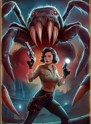 the poster for the game, the spider, with holding a gun