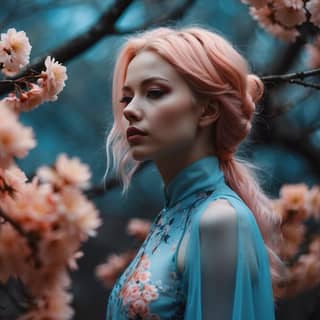 woman with pink hair and blue dress in front of a tree
