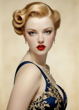 woman with a red lipstick and a blue dress