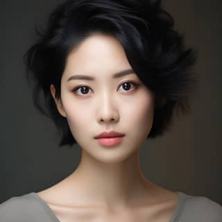 Chinese woman with black short hair slightly faded hair roots light freckles light brown eyes no makeup emulating a shot on