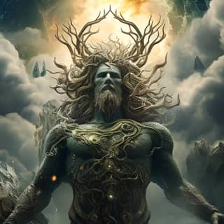 God of Earth, the god of the underworld is standing on top of a mountain