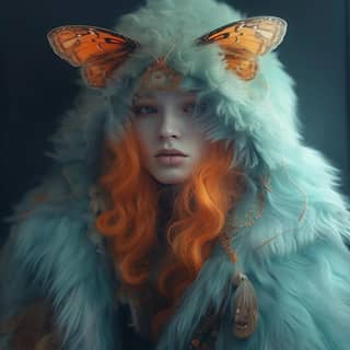 MOTH PORTRAIT TEAL AND ORANGE in style by ronko's art veronica petrova furry like a set photographic texture fur realistic