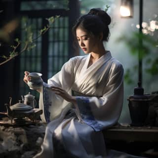 Une femme coréenne en hanbok traditionnel tient gracieusement une tasse dans un jardin tranquille baigné de clair de lune.