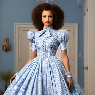 Oz Büyücüsü'nden Dorothy, Bob Mackie tarafından tasarlanmış ihtişamlı mavi ve beyaz vichy elbiseyle ve asil yakut terliklerle poz verirken afro saç modeli ile.