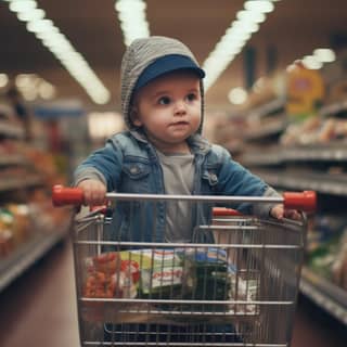 A baby with a cap strolling through the supermarket with a shopping cart acting like an adult