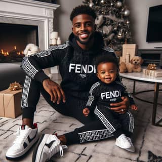 his son pose for a photo in front of a christmas tree