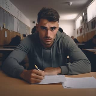 Um estudante sentado em uma mesa com uma caneta na mão experimentando uma ansiedade física severa ao fazer um teste padronizado.