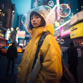 https://s mj wandering Japanese woman wearing a yellow techwear Settings is in year 2200 with a panoramic view of floating