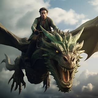 man riding a flying dragon dragon flying in the sky dragon is green grand wings spread out emotive portraits