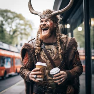 a modern viking smiling haapy and friendly he is walking in london he has horns and he is drinking a starbucks coffee the