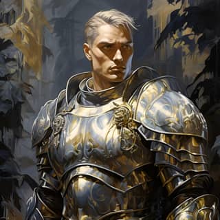 oil paint male warrior tall noble features pristine presentation gleaming polished armor acid etched