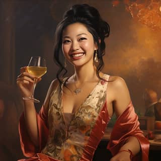 a smiling Chinese lady drinking a champagne in a party