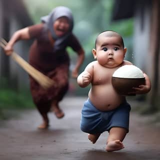 Ein Baby rennt mit einer Schüssel Reis.