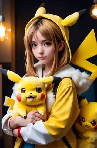 a girl in a pikachu costume holding two pikachu plush toys