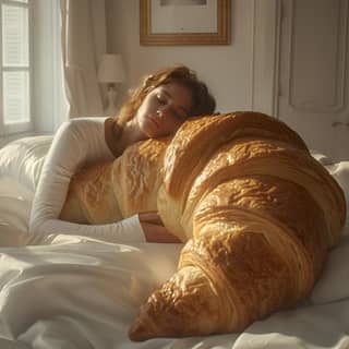 Tidur di atas sebuah tempat tidur dengan sepotong kue croissant yang besar.