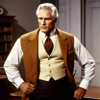 in a brown vest and tie standing in front of a desk