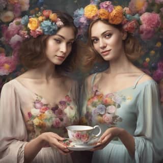 two women holding flowers and holding a cup of tea