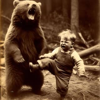 Un niño golpeando a un oso en la cara.