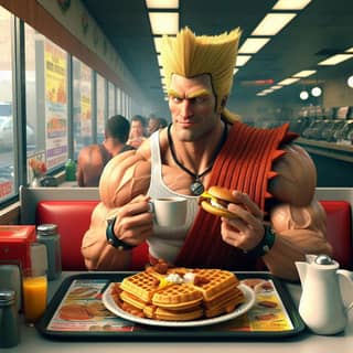 eating waffles and drinking coffee in a diner